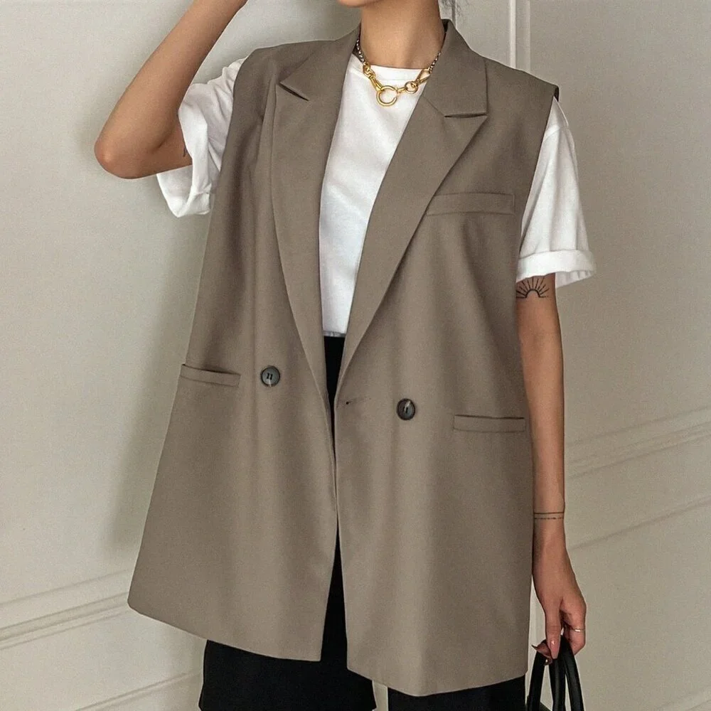 Khaki Casual Women's Double Button Double Pocket Vest Blazer